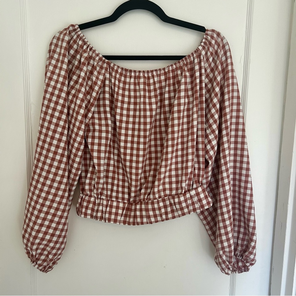 Gingham Off-Shoulder Long Sleeve Cropped Top